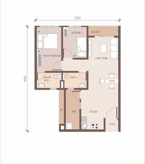 Floor plan Type A, 685 sqft, 2 bilik dan 2 bilik air