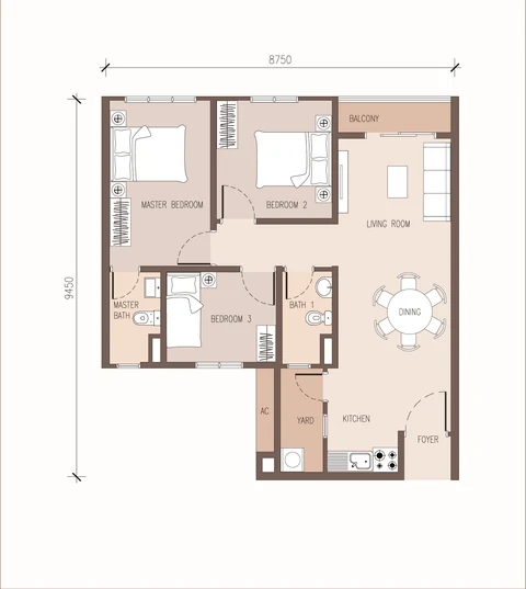 Floor plan Type B, 775 sqft, 3 bilik dan 2 bilik air