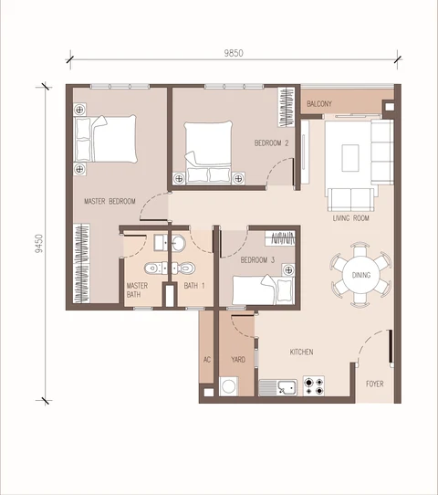 Floor plan Type C, 886 sqft, 3 bilik dan 2 bilik air